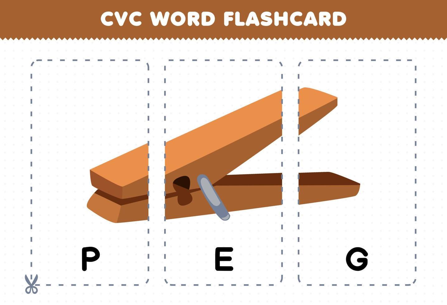 jeu d'éducation pour les enfants apprenant le mot de consonne de voyelle de consonne avec une illustration de cheville brune de dessin animé mignon vecteur