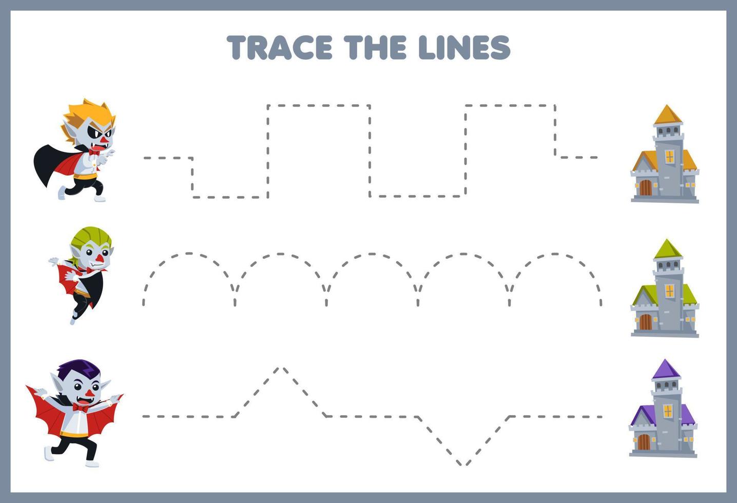 jeu éducatif pour les enfants pratique de l'écriture tracer les lignes avec château de dessin animé mignon et image de costume de dracula feuille de travail imprimable halloween vecteur