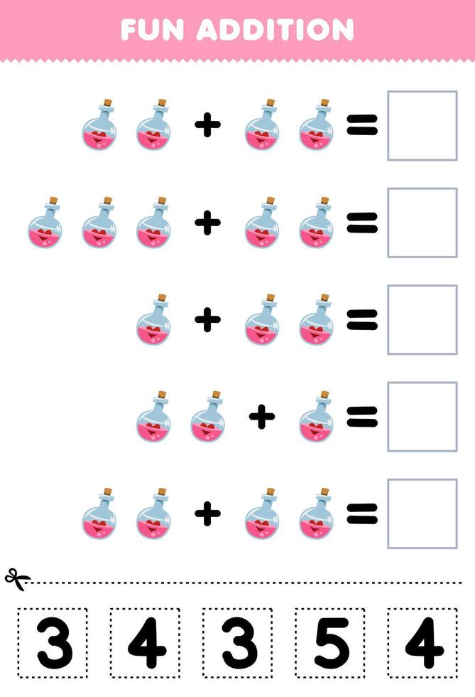 jeu éducatif pour les enfants addition amusante par coupe et correspondance nombre correct pour dessin animé mignon bouteille de potion rose feuille de calcul imprimable halloween vecteur