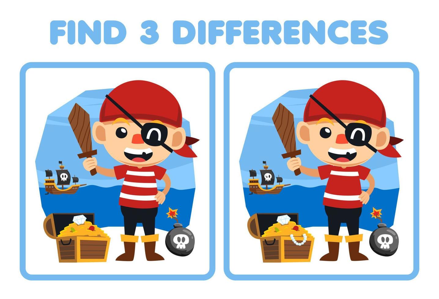 jeu d'éducation pour les enfants trouver trois différences entre deux dessin animé mignon pirate garçon costume halloween feuille de travail imprimable vecteur