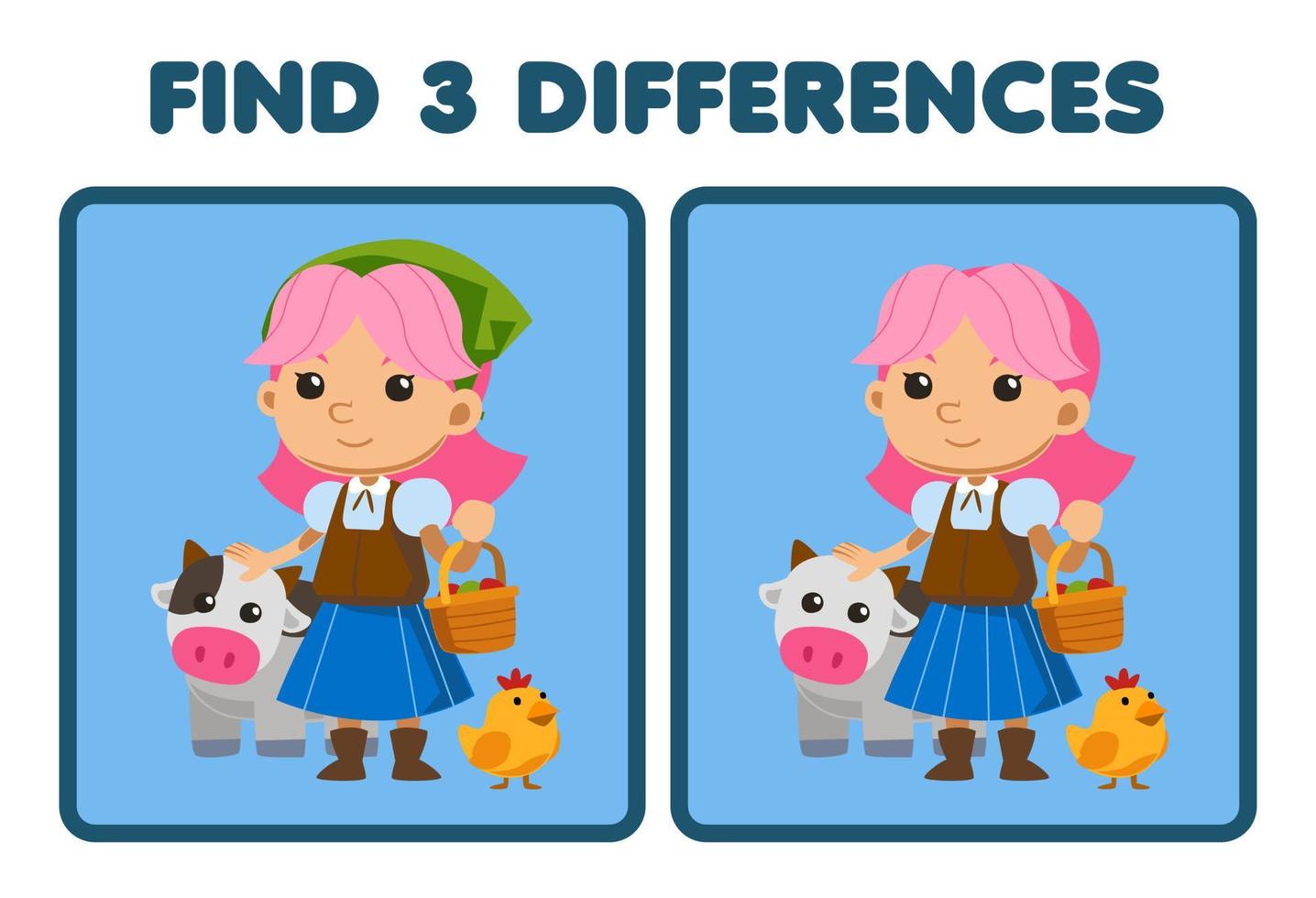 jeu éducatif pour les enfants trouver trois différences entre deux fermiers de dessin animé mignon portant un panier tout en caressant une feuille de travail imprimable de ferme de tête de vache vecteur