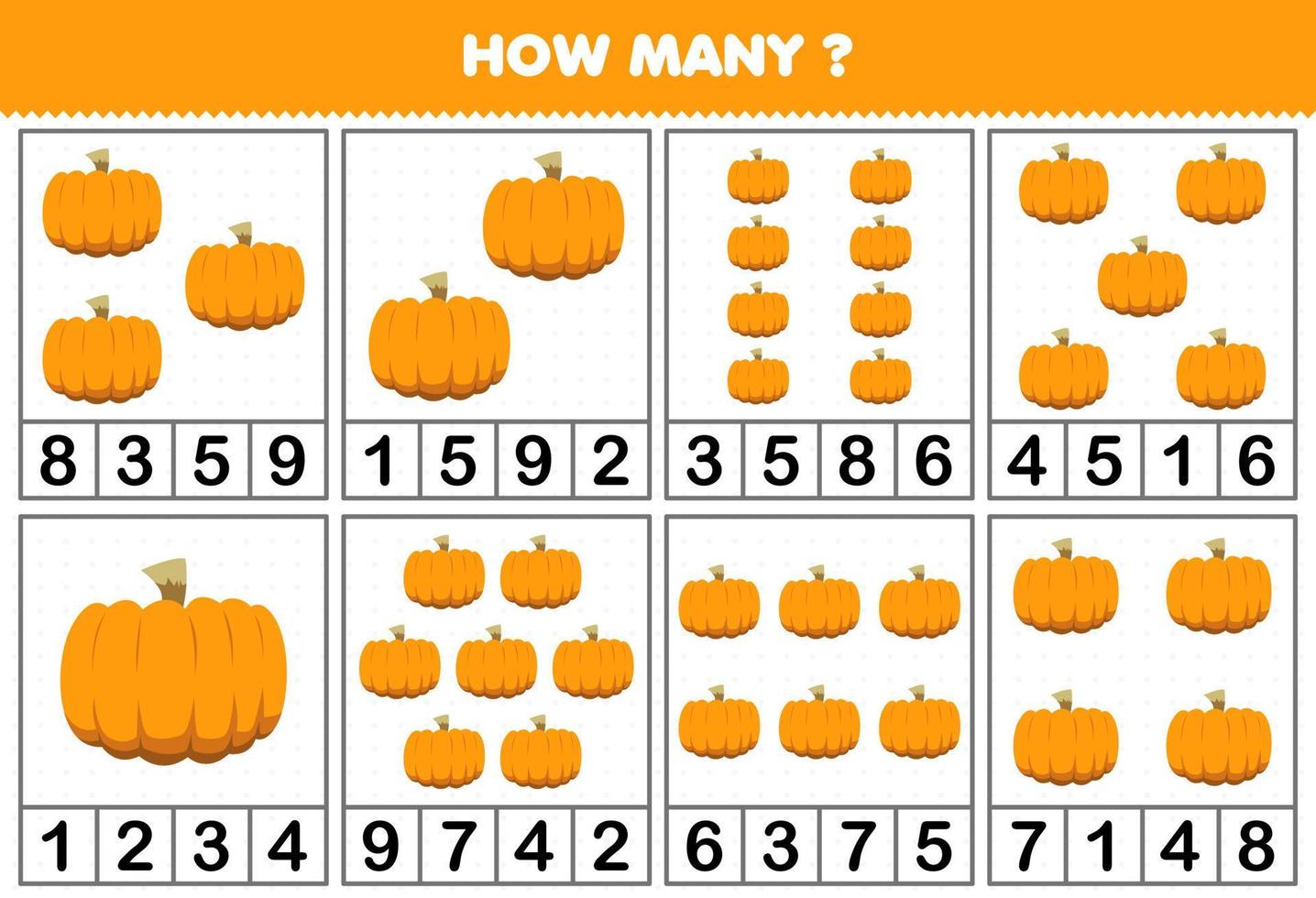 jeu éducatif pour les enfants comptant le nombre d'objets dans chaque table de feuille de travail imprimable de légume citrouille de dessin animé mignon vecteur