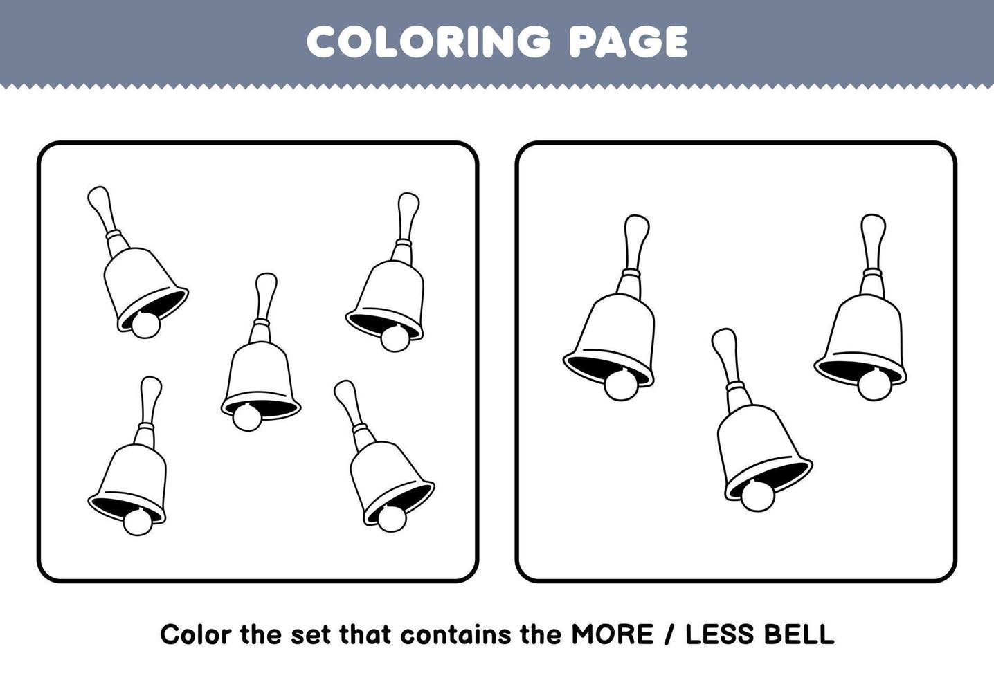 jeu d'éducation pour les enfants coloriage plus ou moins image de dessin animé instrument de musique cloche dessin au trait ensemble feuille de calcul imprimable vecteur