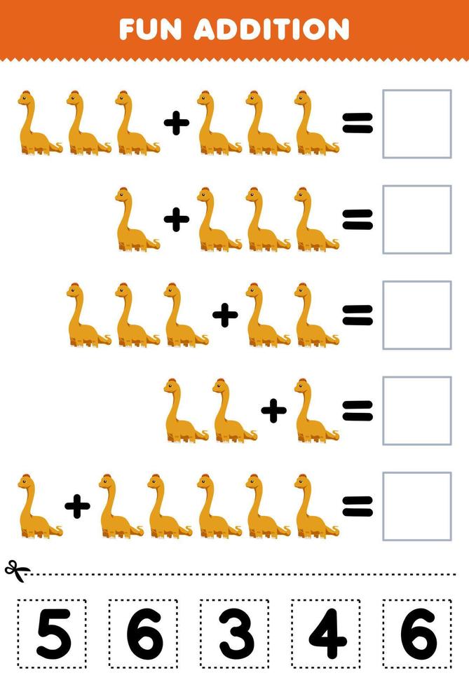 jeu éducatif pour les enfants addition amusante par coupe et correspondance nombre correct pour dessin animé mignon dinosaure préhistorique brontosaure feuille de travail imprimable vecteur