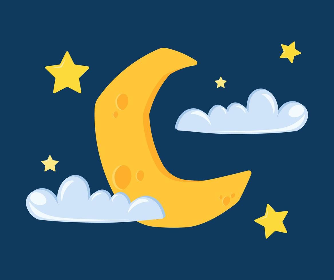 nuage animé, croissant de lune et vecteur d'étoiles pour l'illustration du ciel nocturne