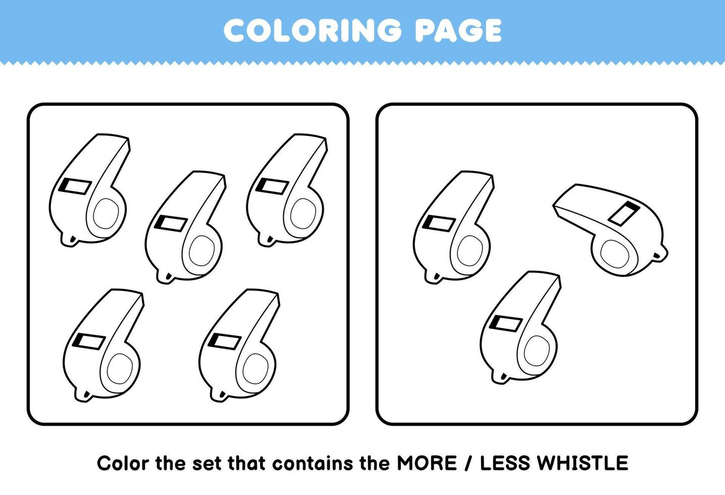 jeu d'éducation pour les enfants coloriage plus ou moins image de dessin animé instrument de musique sifflet dessin au trait ensemble feuille de travail imprimable vecteur