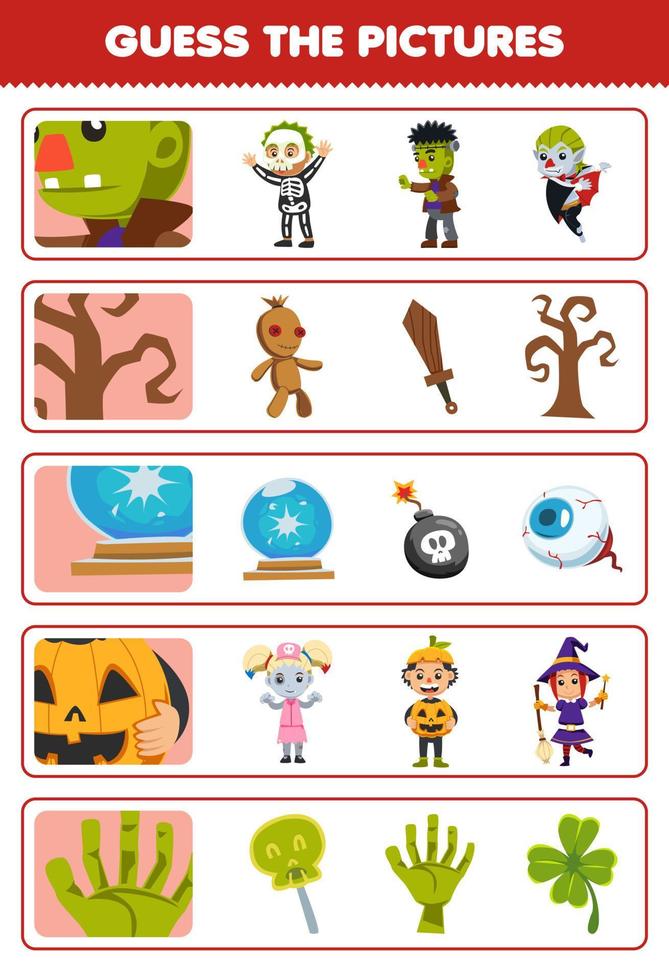 jeu éducatif pour les enfants devinez les images correctes de dessin animé mignon frankenstein arbre orbe magique citrouille garçon main verte feuille de travail imprimable halloween vecteur