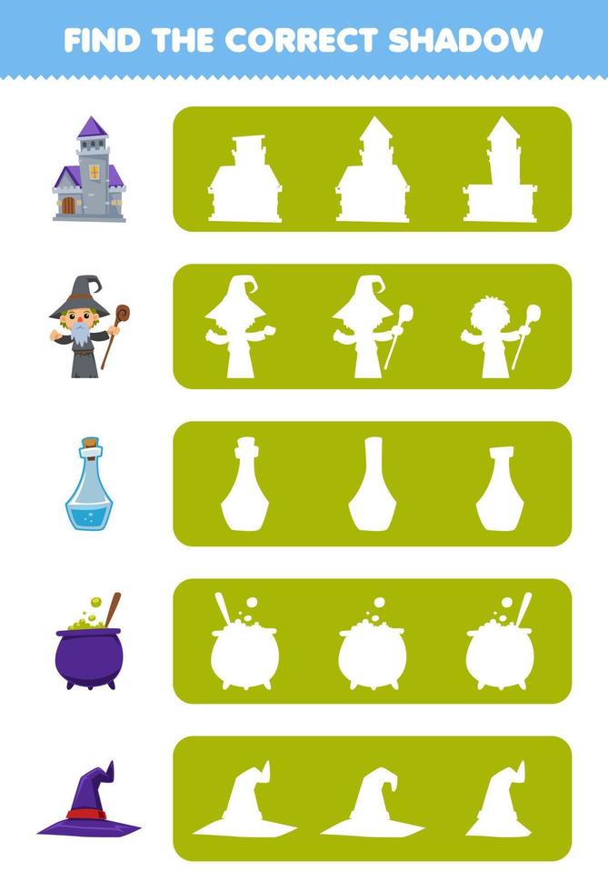 jeu d'éducation pour les enfants trouver l'ombre correcte silhouette de château de dessin animé mignon sorcier bouteille de potion chaudron chapeau feuille de travail imprimable halloween vecteur