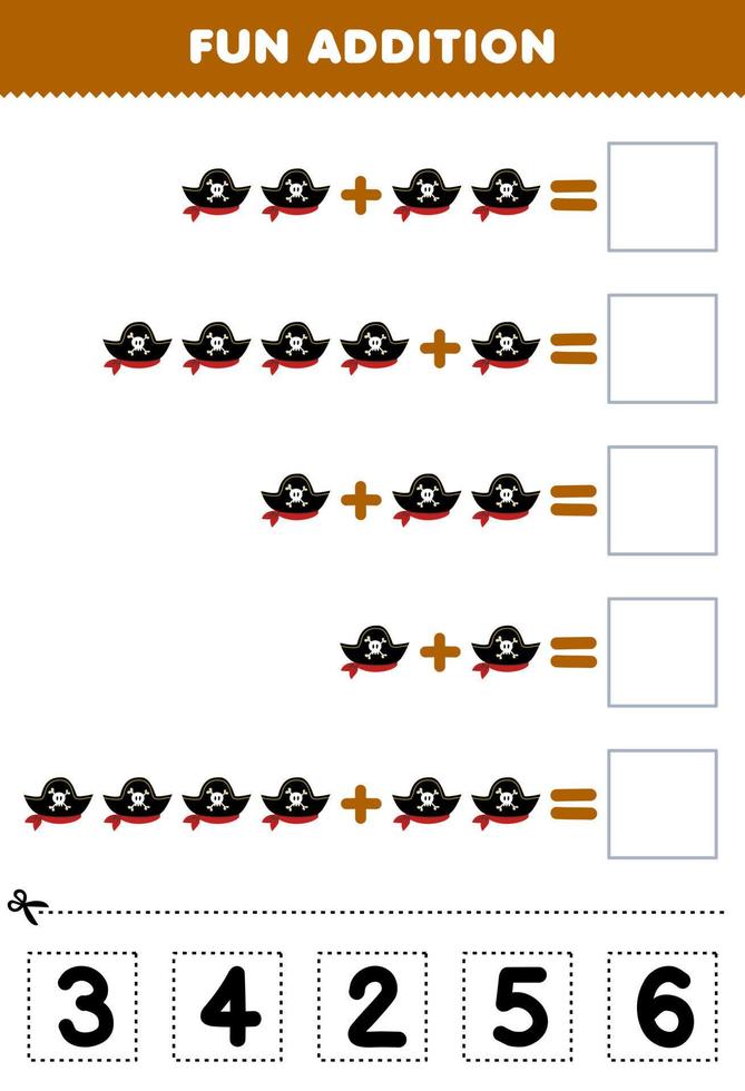 jeu éducatif pour les enfants addition amusante par coupe et correspondance numéro correct pour chapeau de pirate de dessin animé mignon feuille de travail imprimable halloween vecteur