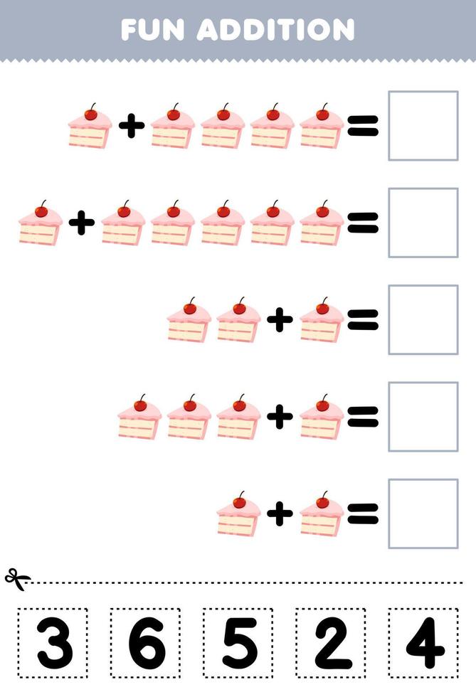 jeu éducatif pour les enfants addition amusante par coupe et correspondance numéro correct pour la feuille de travail imprimable de gâteau de nourriture de dessin animé vecteur