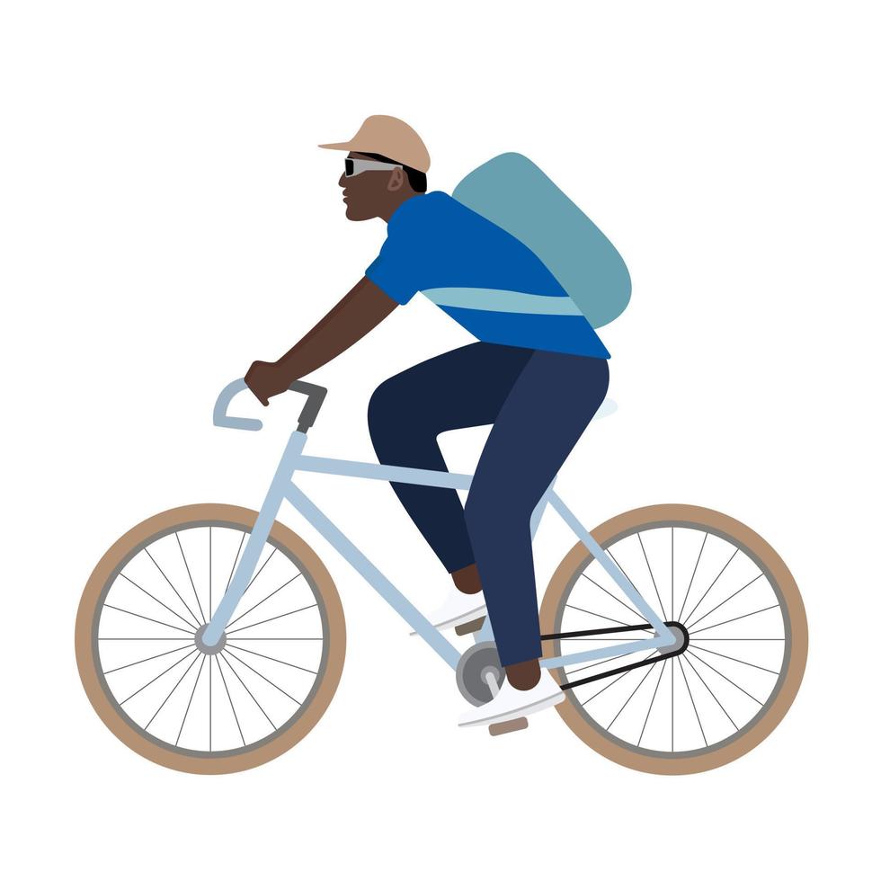 homme afro-américain sur vélo blanc. illustration vectorielle de vue latérale, isolée sur fond blanc. image sur le thème des sports d'été. livraison de colis. style bande dessinée. vecteur