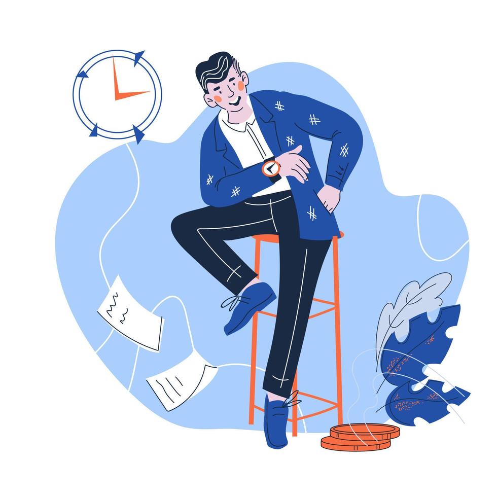 concept de gestion du temps d'affaires - homme d'affaires en costume avec montre-bracelet à portée de main. gestion du temps et organisation du travail, planification de carrière avec une personne vérifie l'horloge. illustration de vecteur de dessin animé.