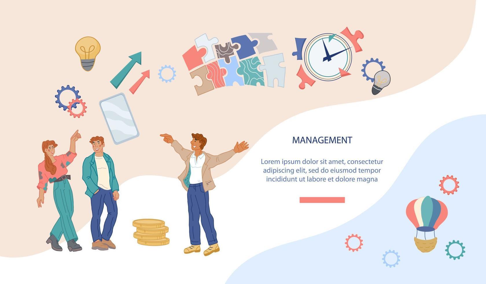 équipe créative de gens d'affaires s'efforçant de réussir et de prospérer - page web. réalisation des objectifs et des objectifs, croissance des compétences financières et personnelles de l'entreprise. illustration vectorielle plane. vecteur