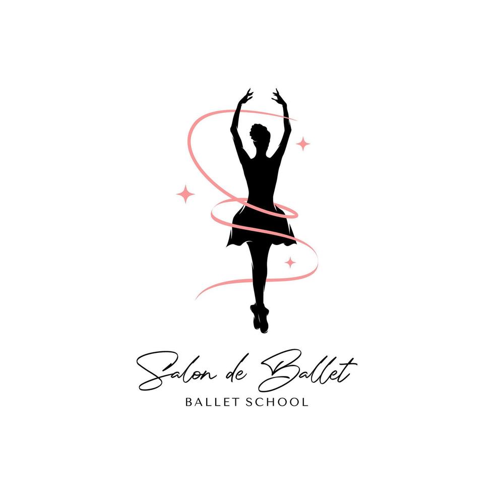 silhouette de danseuse de ballet avec modèle de conception de logo de rubans et de jupes vecteur