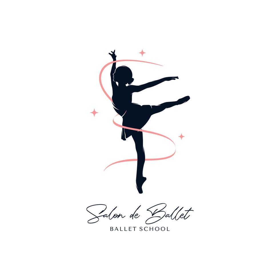 silhouette de danseuse de ballet avec modèle de conception de logo rubans et étoiles vecteur