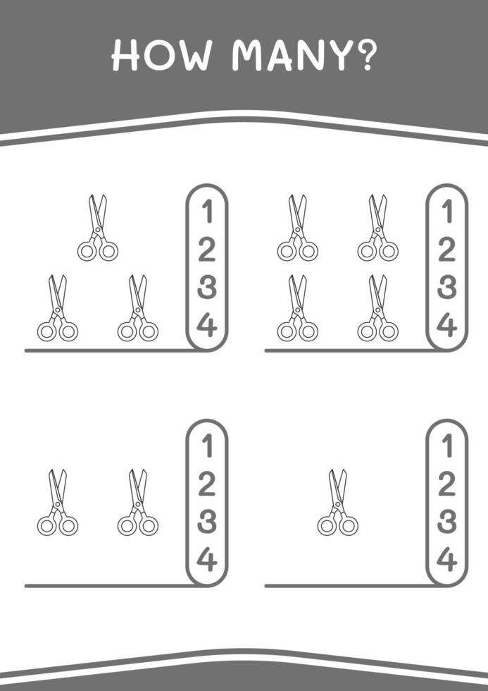 combien de ciseaux, jeu pour enfants. illustration vectorielle, feuille de calcul imprimable vecteur