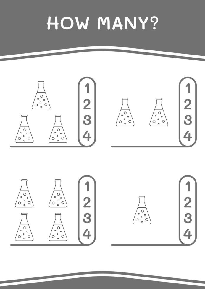 combien de flacon de chimie, jeu pour enfants. illustration vectorielle, feuille de calcul imprimable vecteur