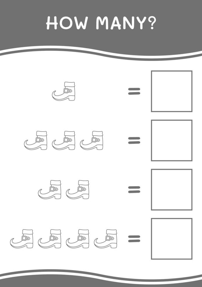 combien de botte de lutin, jeu pour enfants. illustration vectorielle, feuille de calcul imprimable vecteur