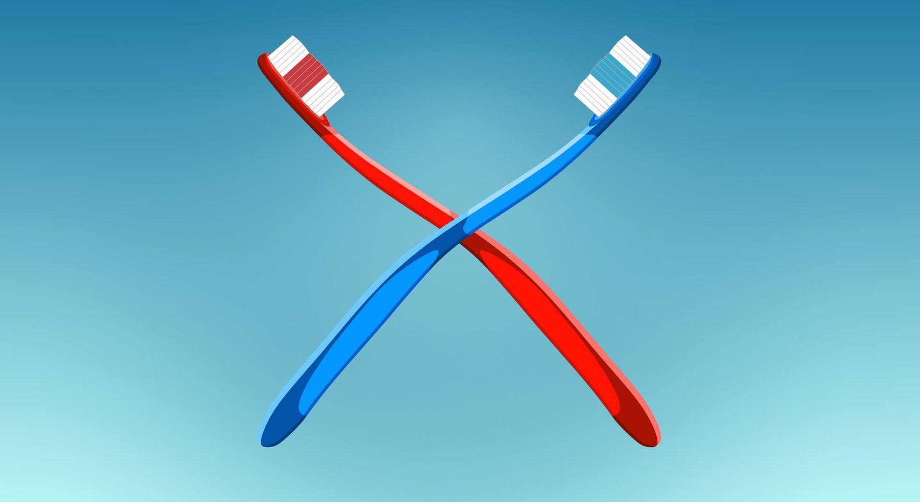 brossez-vous les dents, concept dentaire. deux brosses à dents rouges et bleues dans un motif entrecroisé sur un fond dégradé bleu. espace de copie. illustration vectorielle. illustration vectorielle vecteur