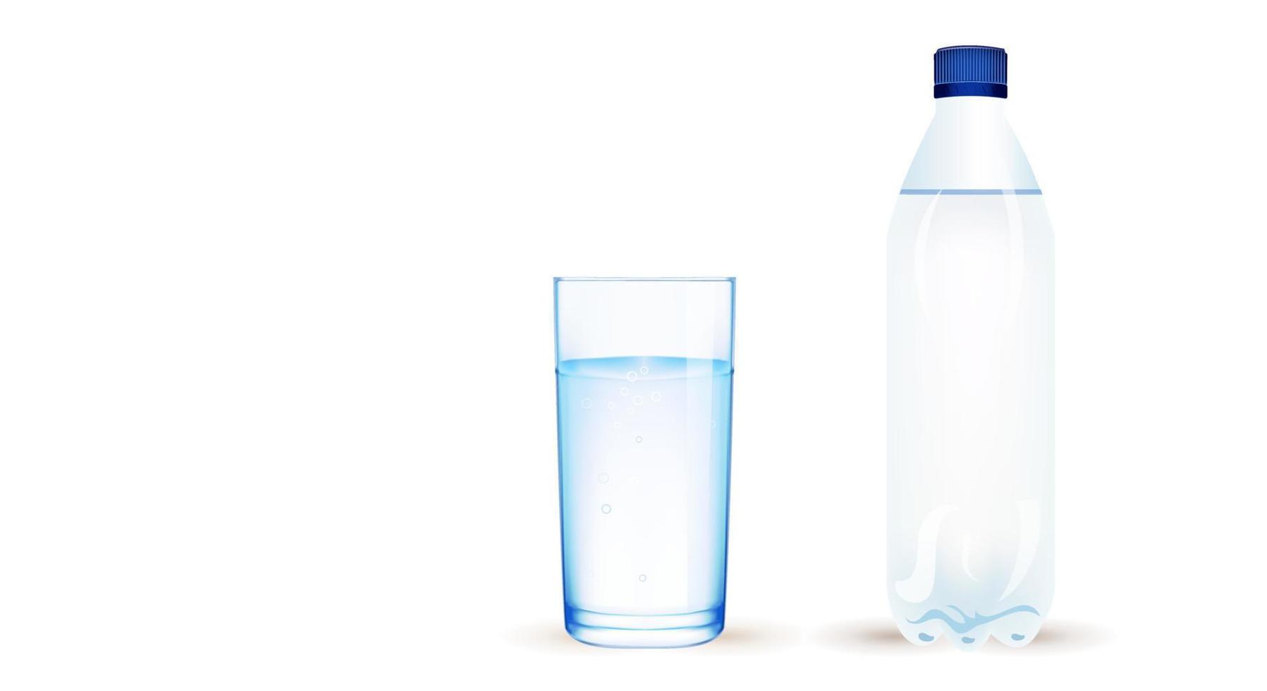 bouteille d'eau en plastique bleu transparent avec un bouchon bleu et un verre d'eau empilé sur un fond bleu dégradé. espace de copie. vecteur