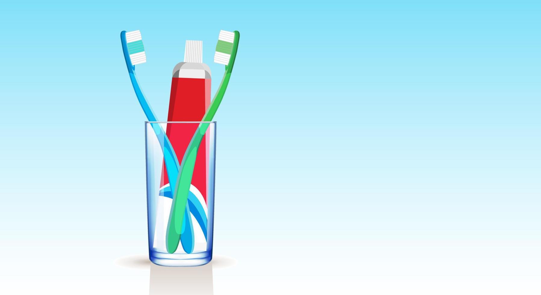 ensemble de brosses à dents bleues et vertes et de dentifrice multicolore dans un tube médical dans un bécher en verre sur fond dégradé bleu. espace de copie. illustration vectorielle vecteur