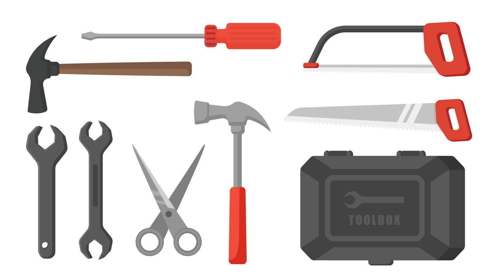 ensemble de collection d'objets de trousse à outils scie marteau ciseaux visseuse vecteur