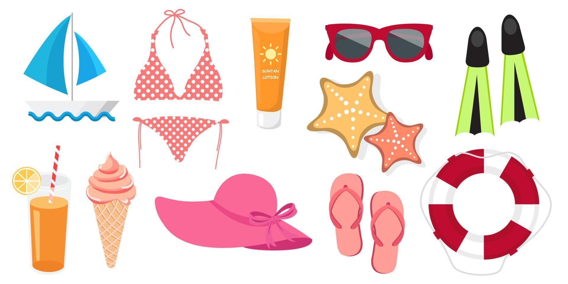 collection ensemble d'objets de vacances d'été maillot de bain lunettes de soleil anneau de bain palmes de plongée vecteur