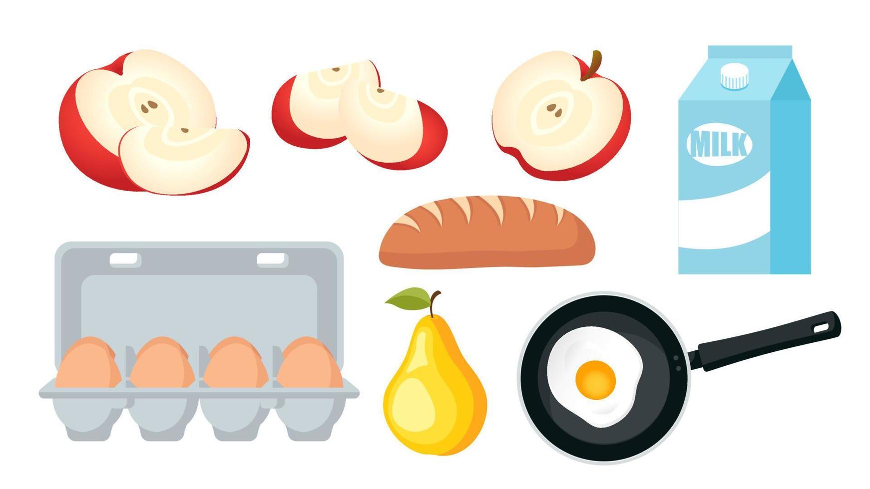 ensemble de collection d'objets alimentaires pour le petit déjeuner oeuf au plat lait pomme pain poire vecteur