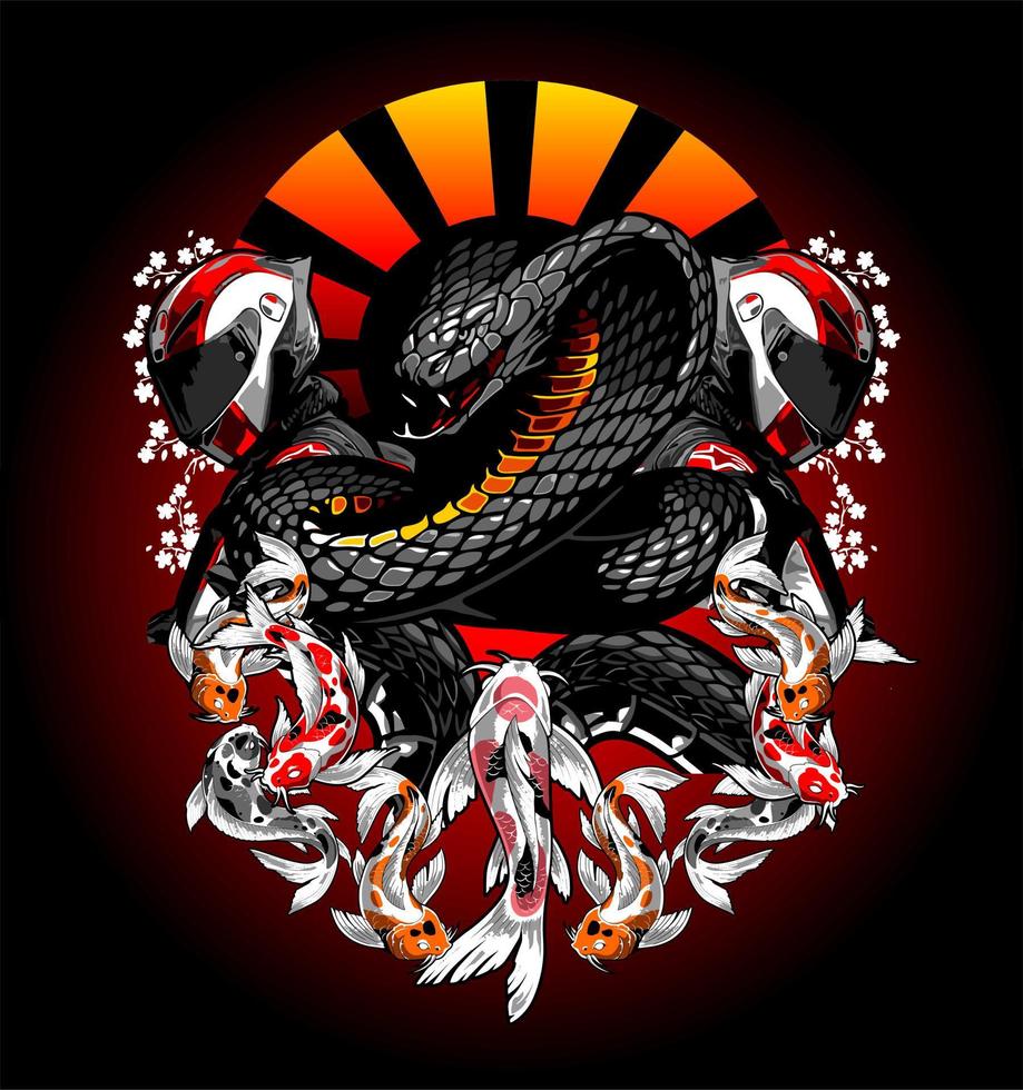 serpent cobra noir et koi vecteur
