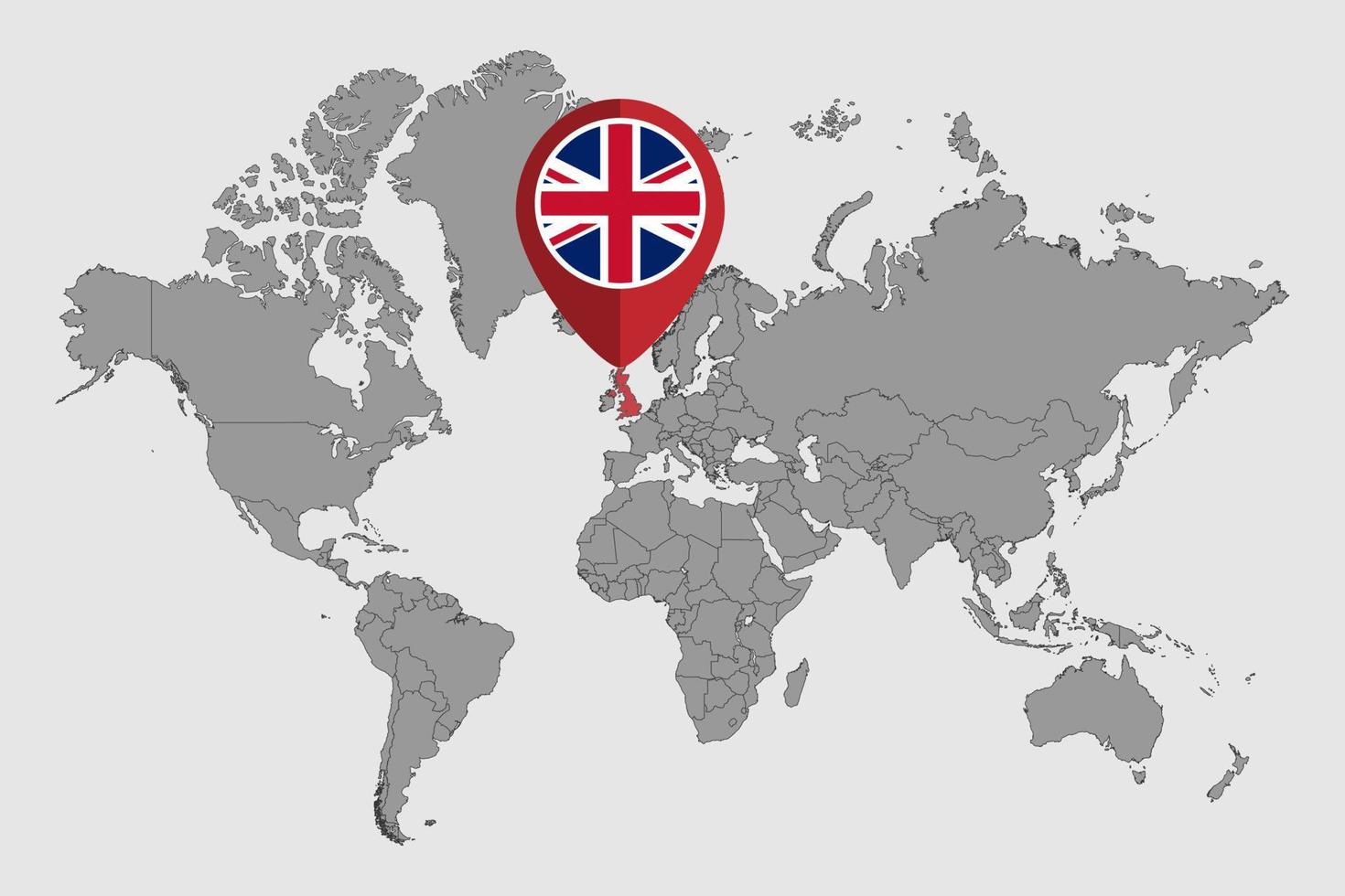 épingler la carte avec le drapeau britannique sur la carte du monde. illustration vectorielle. vecteur