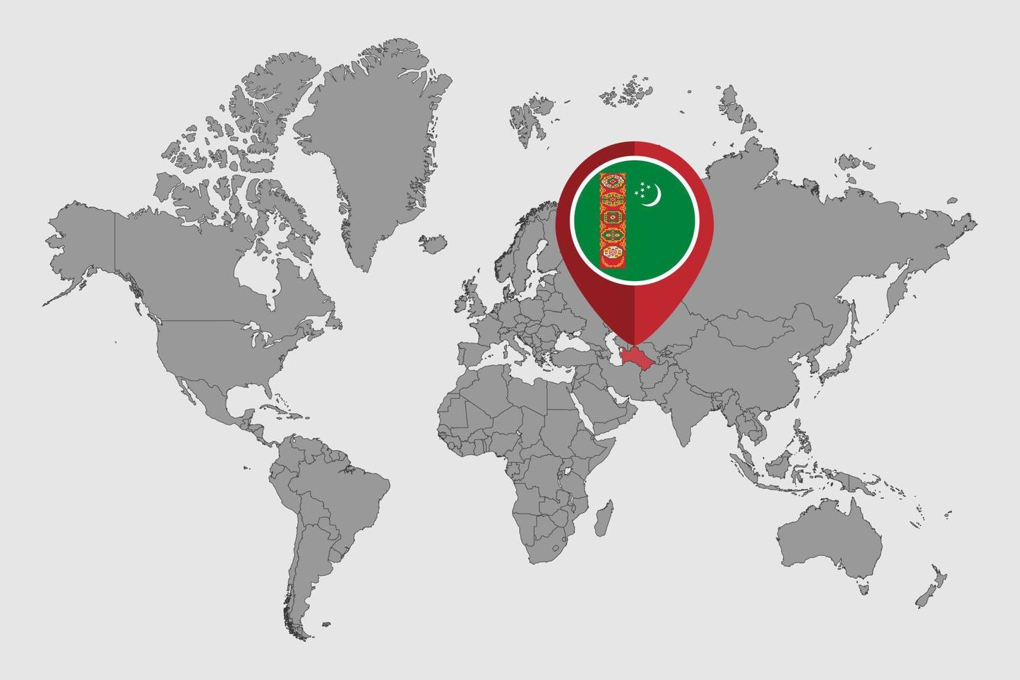 épinglez la carte avec le drapeau du turkménistan sur la carte du monde. illustration vectorielle. vecteur