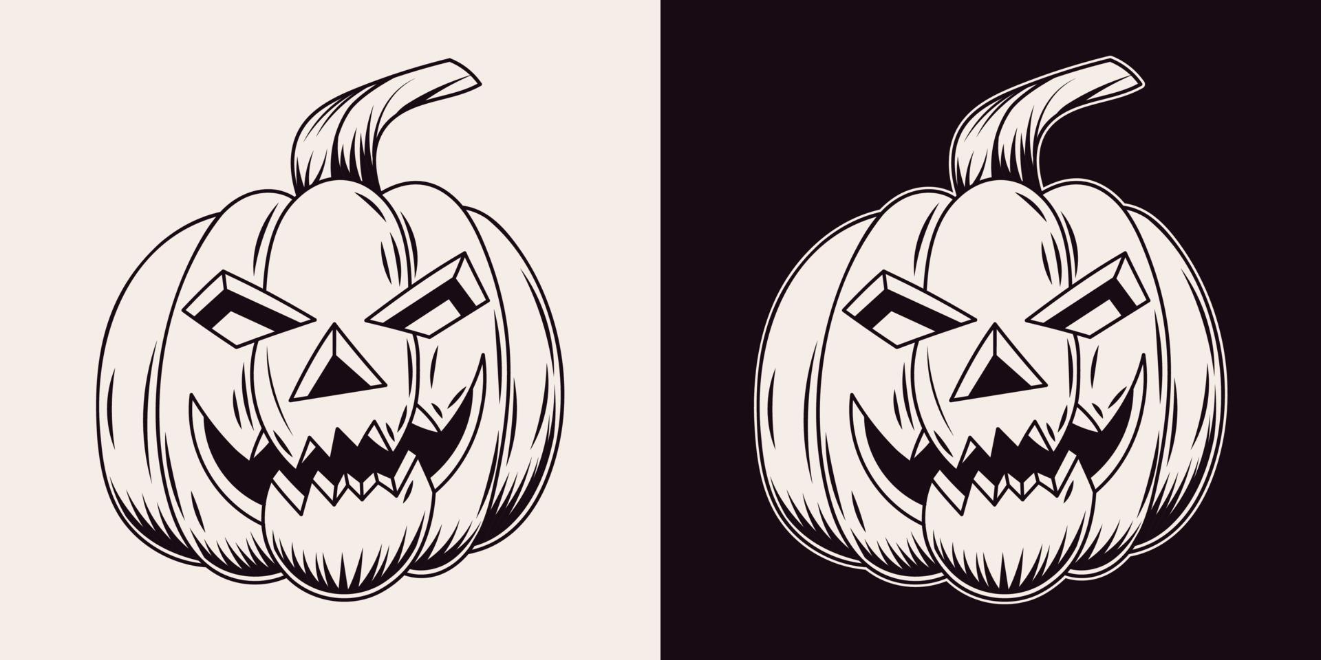 citrouille d'halloween aux yeux brillants et sourire souriant, grimace effrayante. stylisé comme visage masculin. citrouille traditionnelle o lanterne. illustration vectorielle monochrome isolée sur fond blanc, noir. vecteur