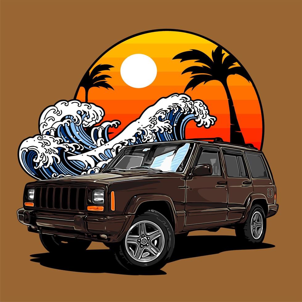 suv avec vagues et coucher de soleil vecteur