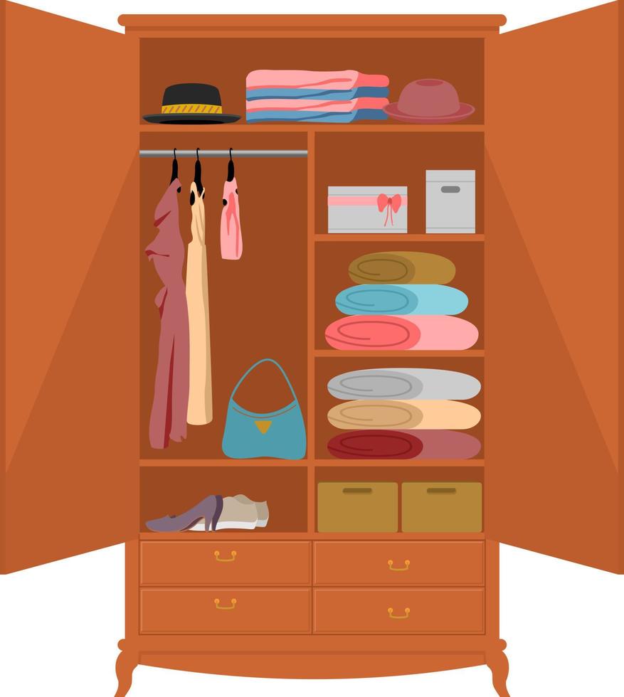 armoire ouverte. armoire en bois sur fond blanc avec des vêtements de conception de tiroir, à l'intérieur de la mode de support de placard, des chaussures debout et une étagère pour les chapeaux et le linge vecteur