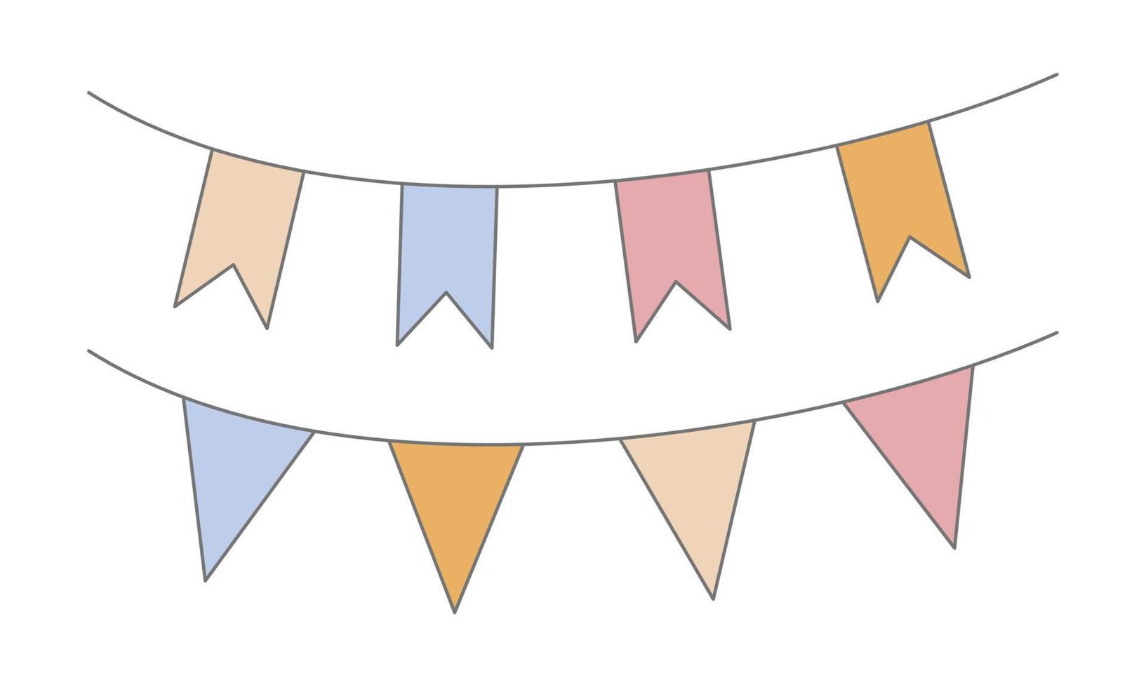 guirlande de fête avec des drapeaux dans le style doodle. illustration vectorielle pour la conception d'anniversaire de bébé. fanions aux couleurs beige pastel vecteur