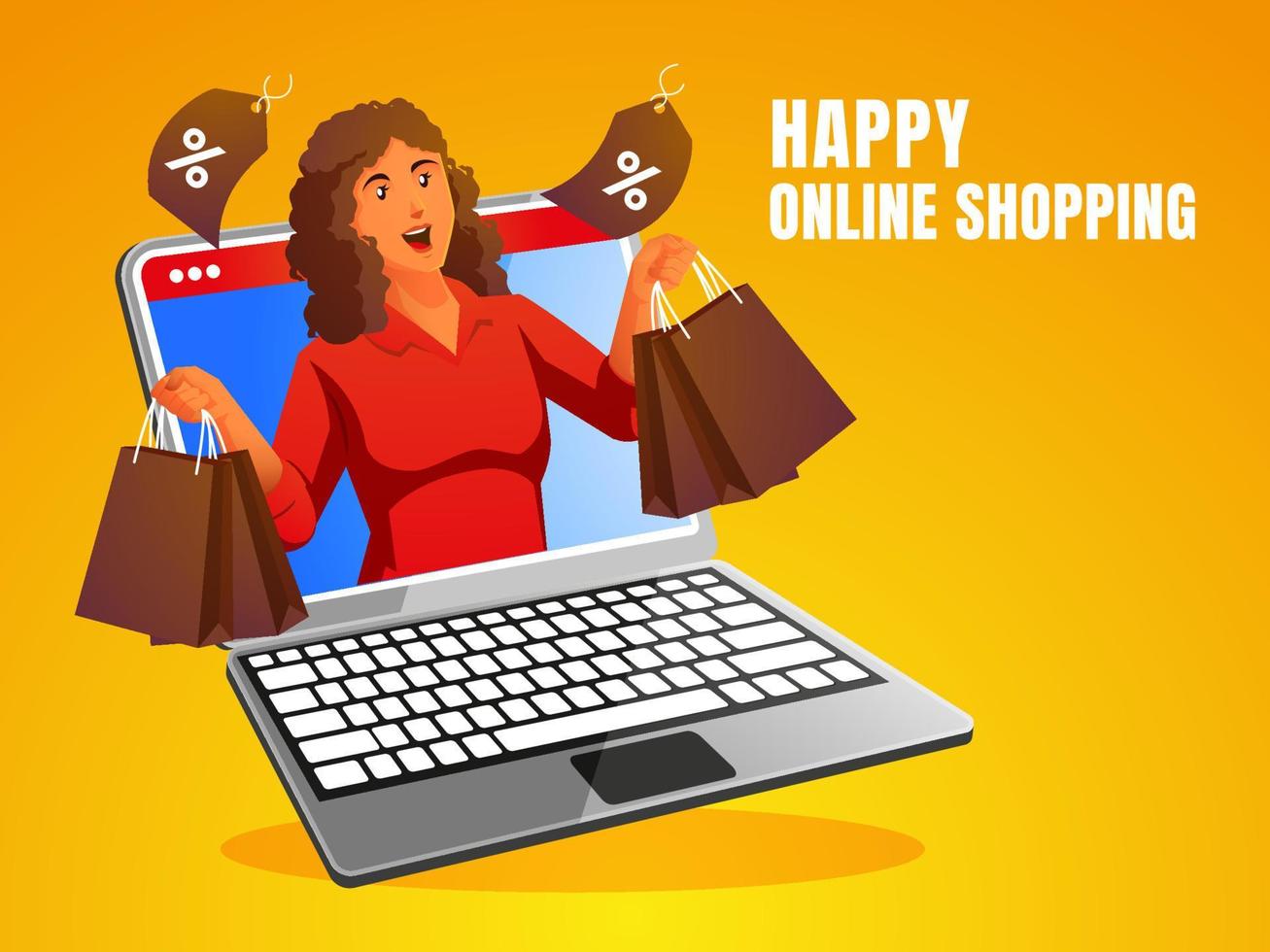 une femme commerçante heureuse avec un ordinateur portable vecteur