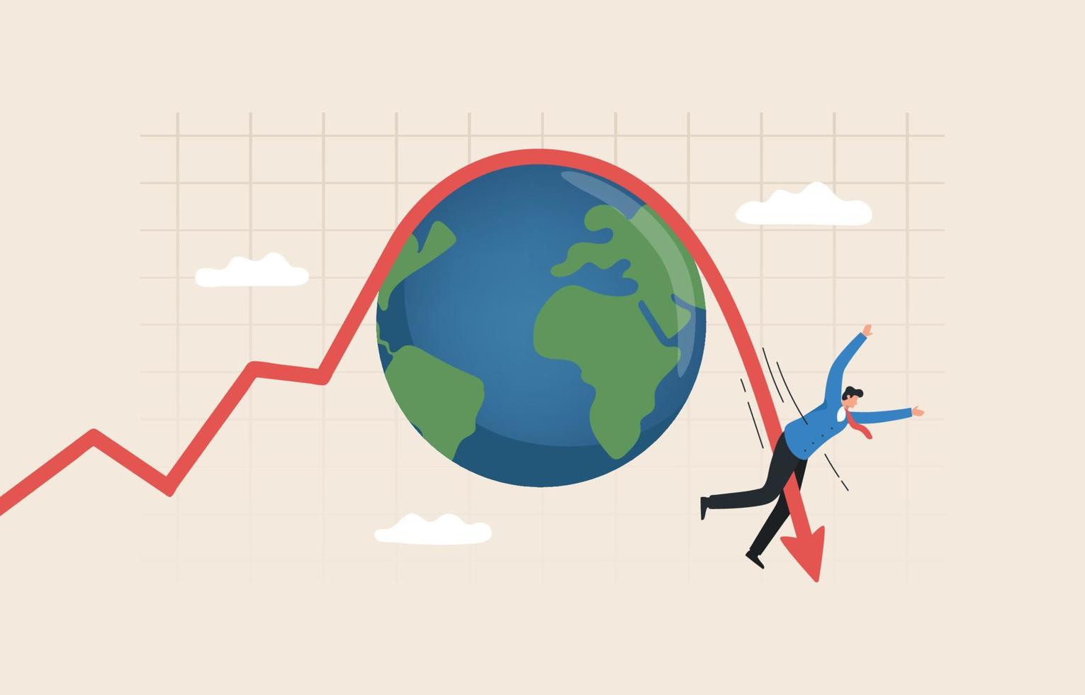 récession ou stagnation économique mondiale. le risque de stagflation augmente dans un contexte de fort ralentissement de la croissance. marché boursier ou effondrement des actifs. homme d'affaires à cheval tomber graphique économique. vecteur