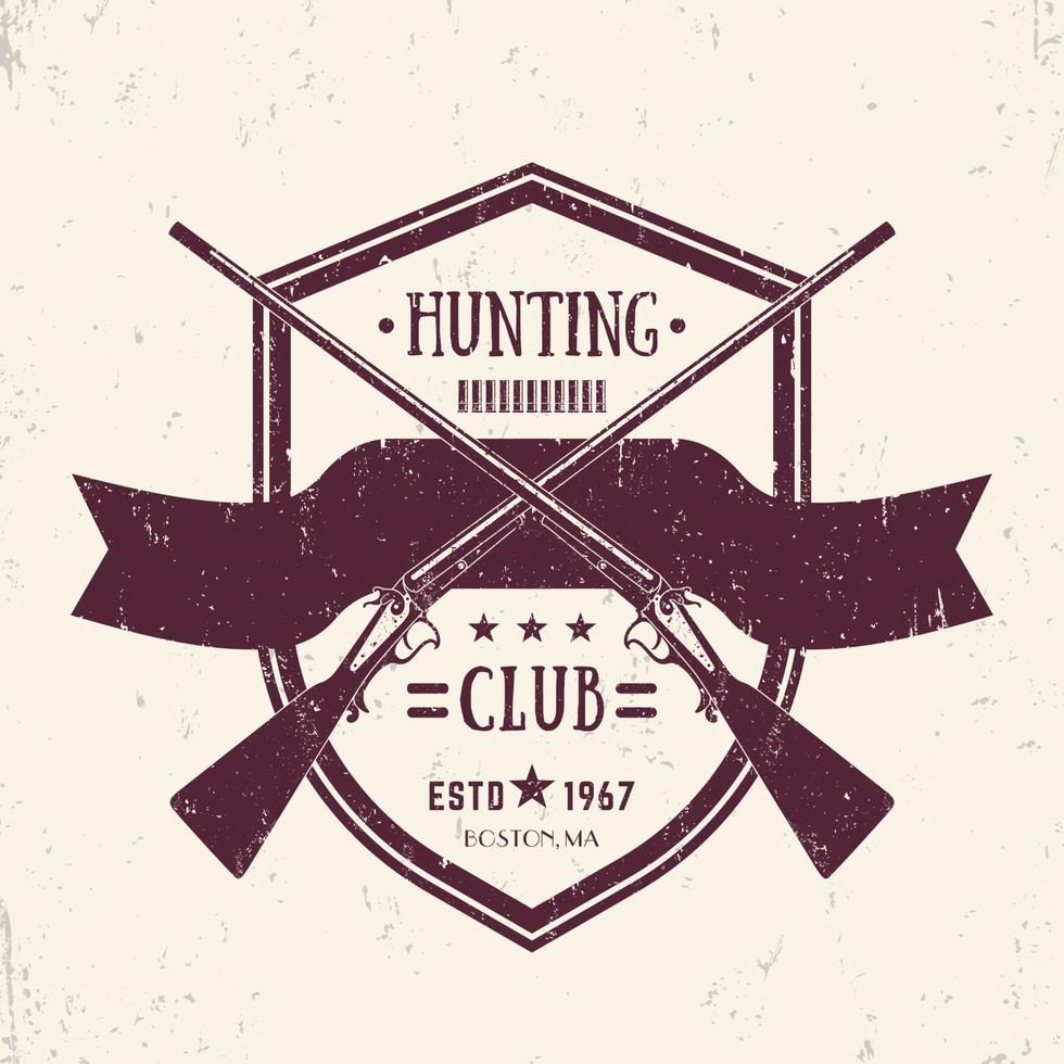 logo vintage du club de chasse avec deux vieux fusils croisés, emblème rétro vectoriel