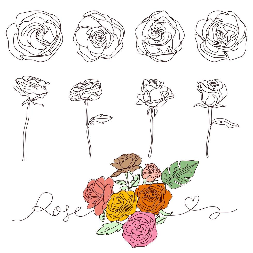 ensemble de roses fleur main dessin abstrait ligne vecteur