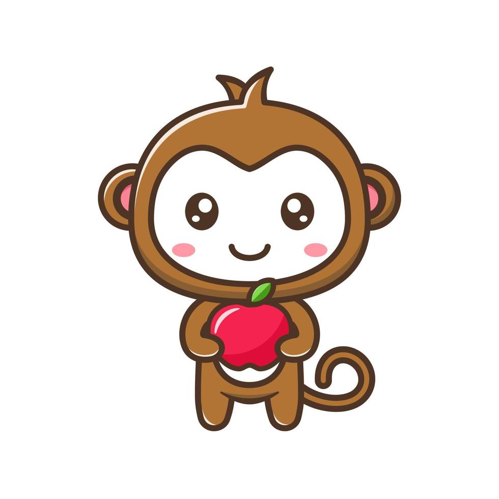 mignon petit singe avec illustration de dessin animé de pomme isolé adapté à l'autocollant, à l'artisanat, au scrapbooking, à l'affiche, à l'emballage, à la couverture de livre pour enfants vecteur