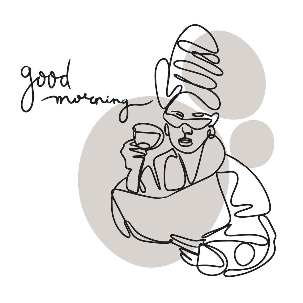 bonjour, un dessin au trait, fille avec une tasse de café, mode vecteur