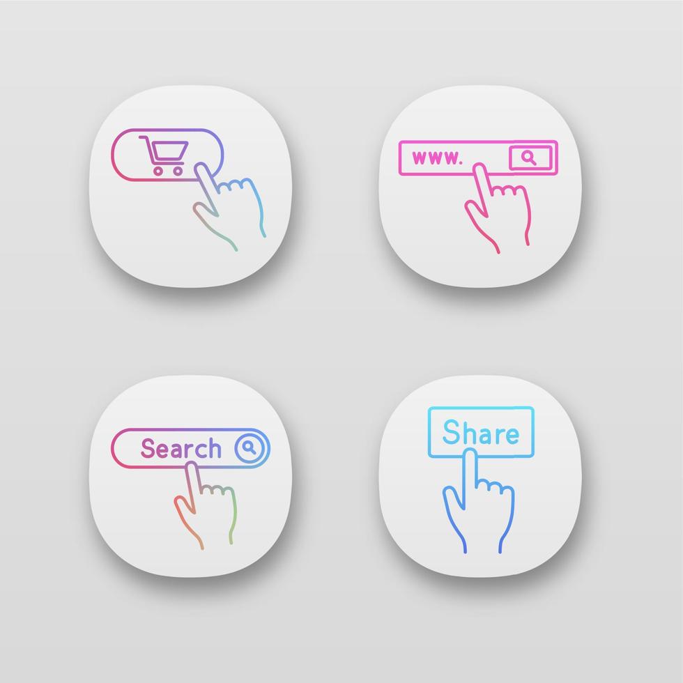 cliquez sur le jeu d'icônes d'application. acheter, barre de recherche, partager. interface utilisateur ui ux. applications web ou mobiles. illustrations vectorielles isolées vecteur