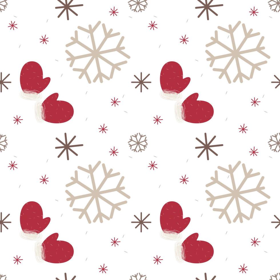 motif de noël. mitaines rouges vectorielle continue et flocons de neige beiges. grands et petits flocons de neige dessinés. motif d'impression de vacances sans soudure pour les cadeaux de noël ou le tissu. vecteur