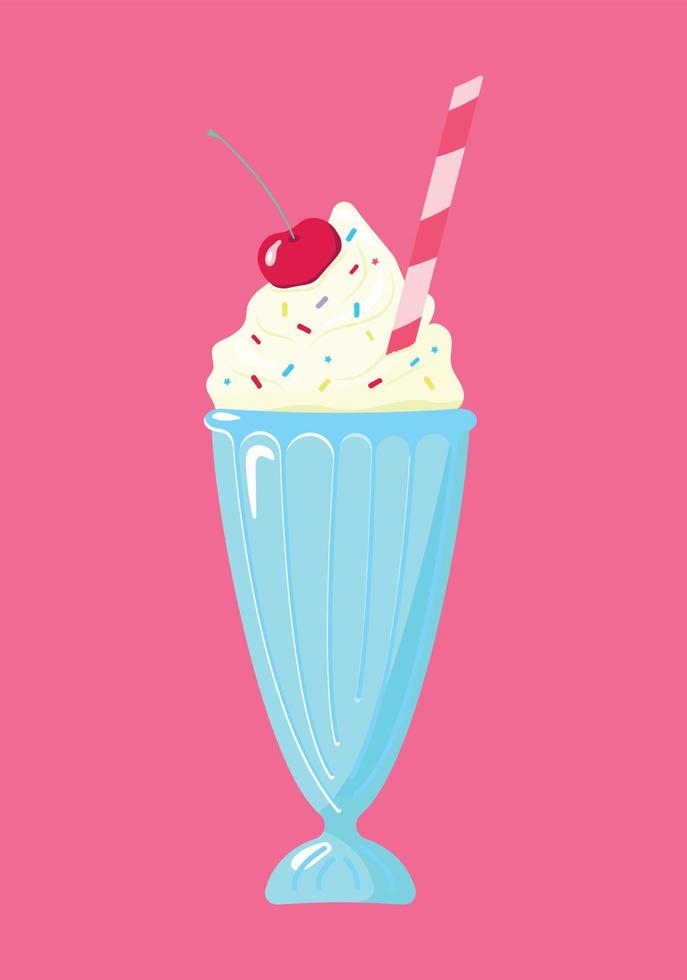 Milk-shake. illustration vectorielle de milkshake à la crème fouettée pour la conception de menus ou pour la publicité. dessert au lait décoré de cerises et de paillettes colorées avec de la paille. vecteur