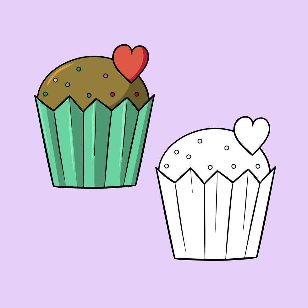 un ensemble d'illustrations, un cupcake au chocolat avec une miette de sucre ronde multicolore et un coeur, image vectorielle en style cartoon sur fond coloré vecteur