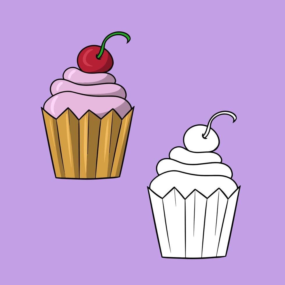 ensemble d'images, délicieux cupcake à la crème délicate et aux baies de cerise, illustration vectorielle en style cartoon sur fond coloré vecteur