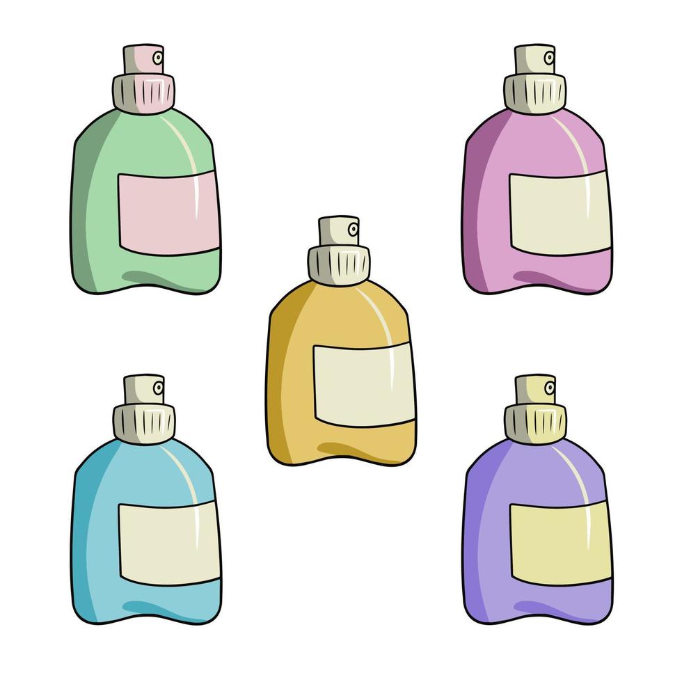 un ensemble d'icônes de différentes couleurs, une bouteille en plastique, un flacon pulvérisateur, une illustration vectorielle en style cartoon sur fond blanc vecteur