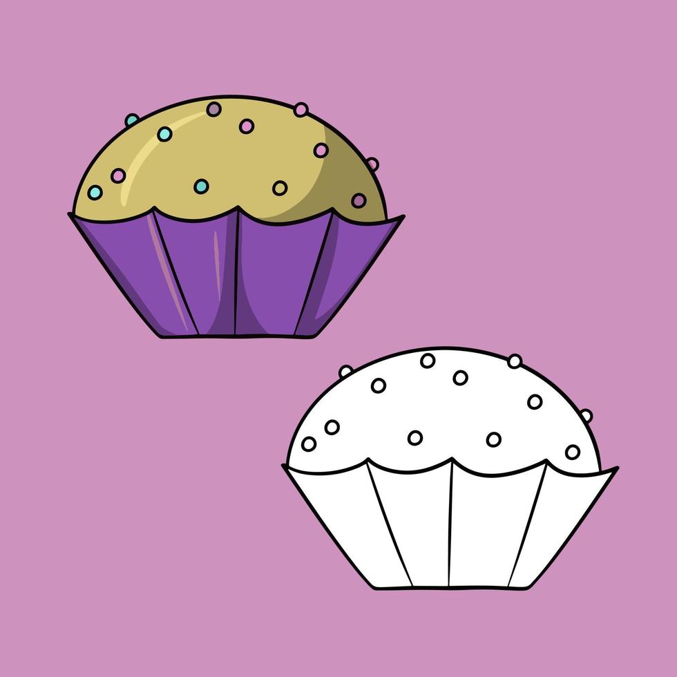 un ensemble d'images. cupcake rond avec des miettes de sucre rondes multicolores dans une tasse lilas, illustration vectorielle en style cartoon sur fond coloré vecteur