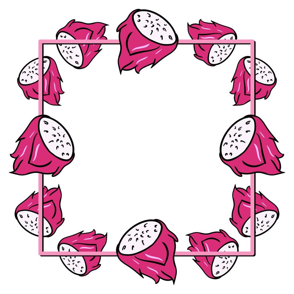 cadre carré, moitiés juteuses rose vif de fruit du dragon tropical, espace de copie, illustration vectorielle en style cartoon sur fond blanc vecteur