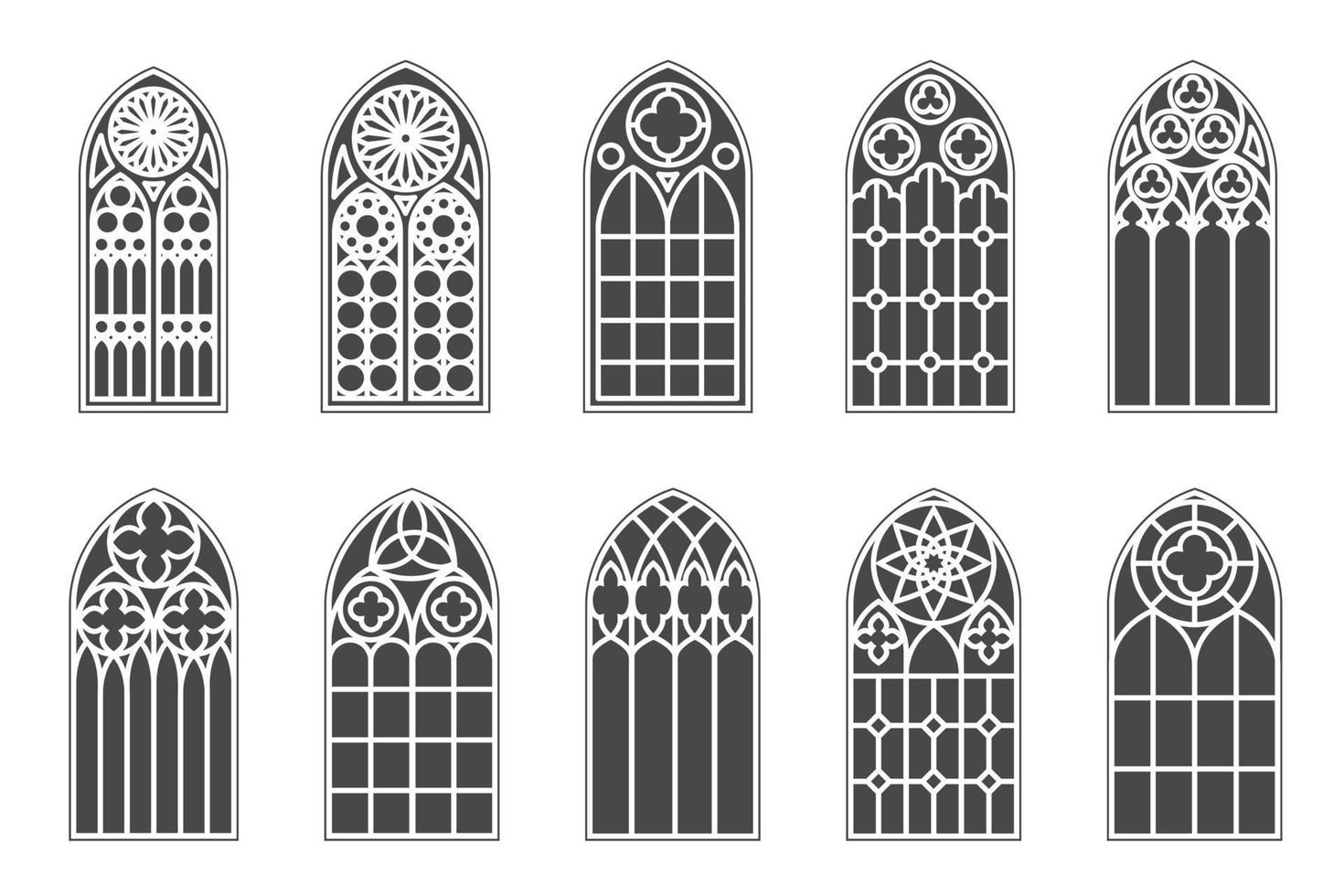ensemble de fenêtres médiévales de l'église. anciens éléments d'architecture de style gothique. illustration vectorielle de glyphe sur fond blanc. vecteur